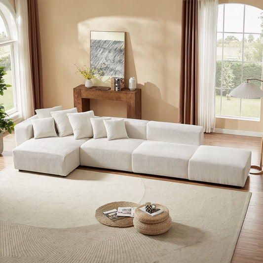 155" Modular L-Shaped Sectional Sofa – 4-Piece Corduroy Upholstered Deep Seat Couch with Reversible Chaise, Beige – Modern Minimalist Corner Sofa for Living Room or Office